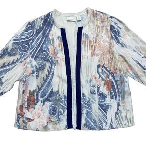 Chicos Size 3 (XXL) Brocade Linen Blend Open Blazer Jacket Fringe 3/4 Sleeve